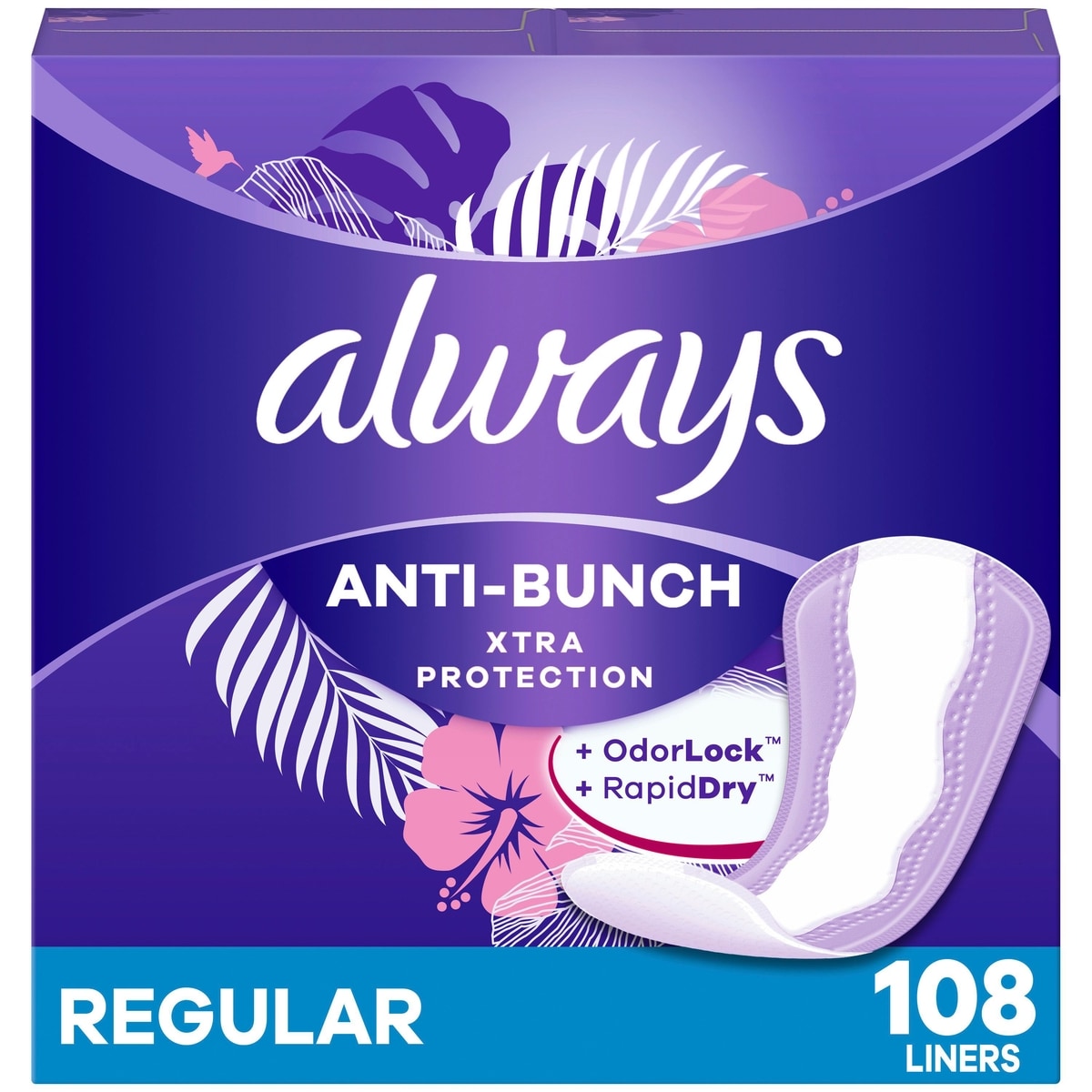 Protège-dessous quotidiens Always Anti-Bunch Xtra Protection, non parfumés, régulier, Anti-Bunch aide à rester confortable, 108  u