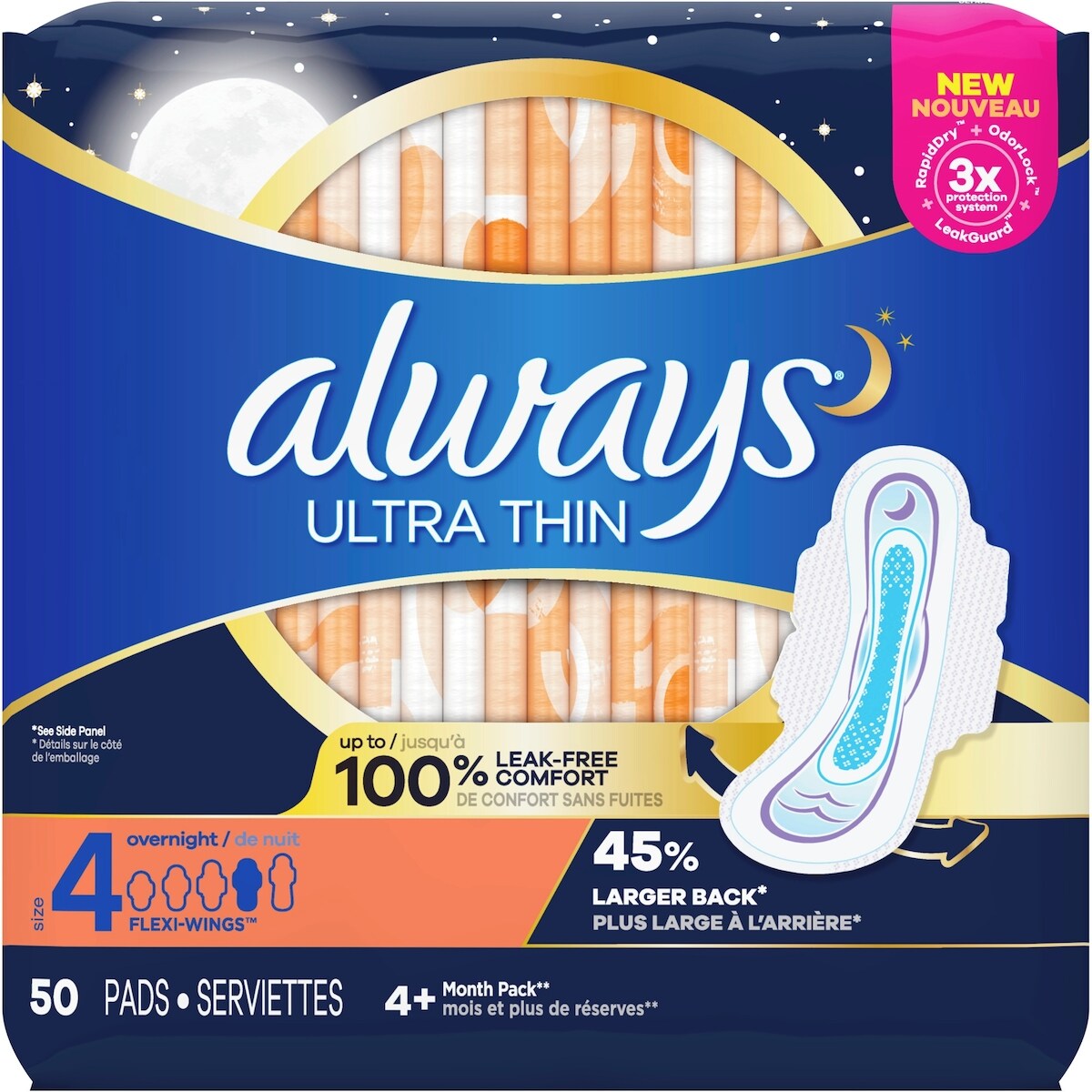 Serviettes Always Ultra Thin, de nuit, avec ailes Flexi-Wings, taille 4, non parfumées