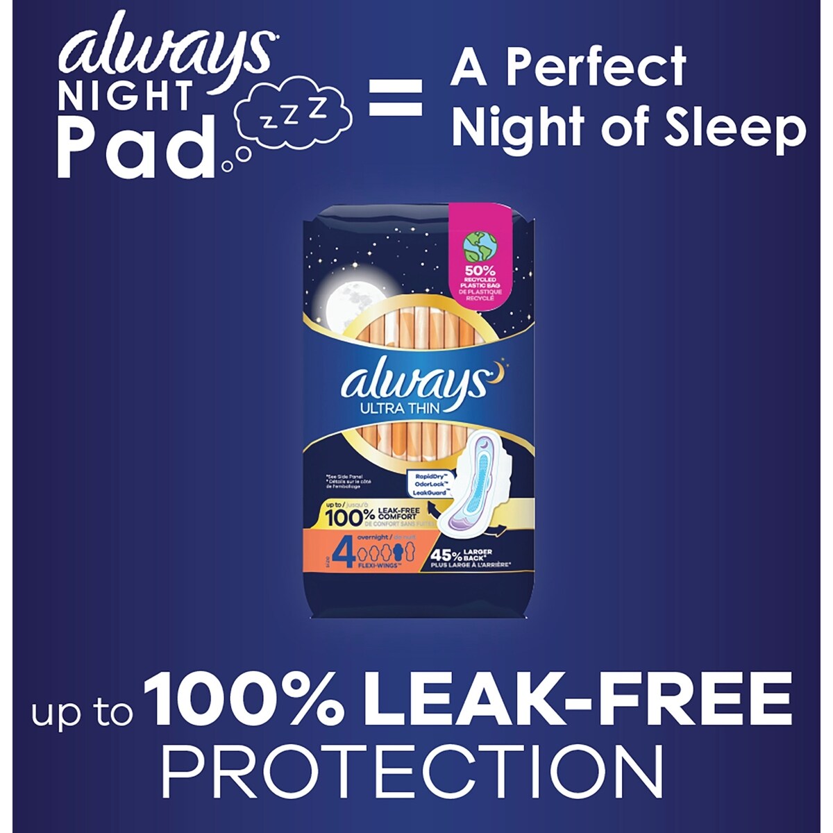 Serviettes Always Ultra Thin, de nuit, avec ailes Flexi-Wings, taille 4, non parfumées