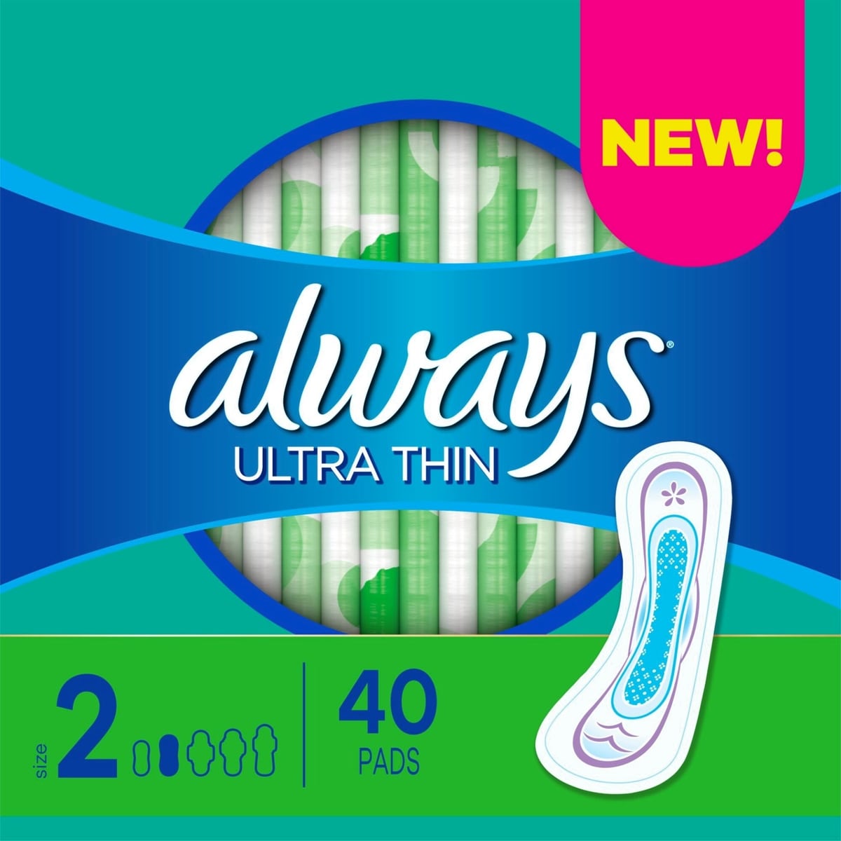 Serviettes Always Ultra Thin, longues sans ailes, taille 2, non parfumées