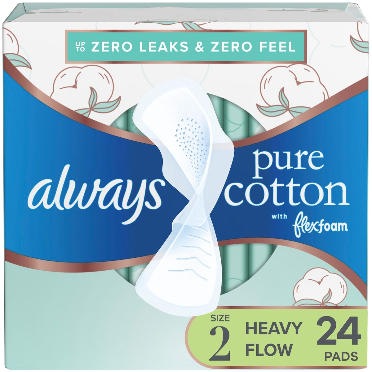 Serviettes Always Pure Coton avec FlexFoam, flux abondant, taille 2, 24 serviettes