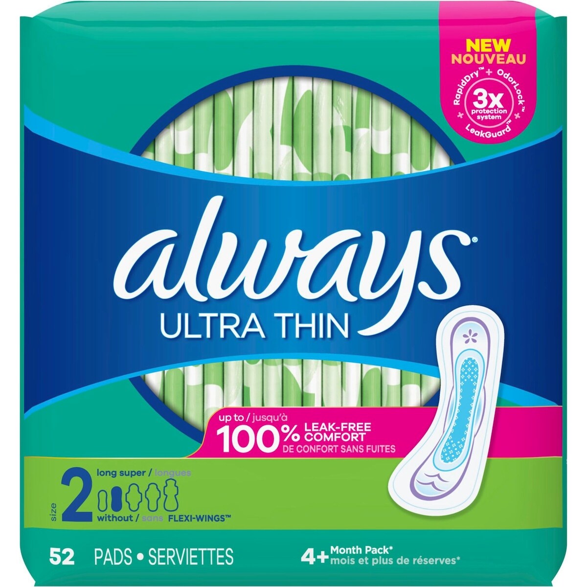 Serviettes Always Ultra Thin, longues sans ailes, taille 2, non parfumées