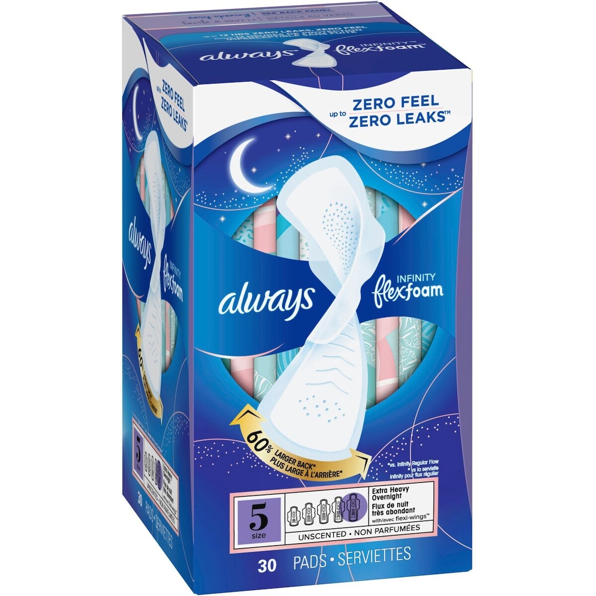 Serviettes Always Infinity FlexFoam,  de nuit, très abondant, taille 5, jusqu’à zéro sensation et zéro fuites pendant 12 heures, avec ailes, np, 30 u