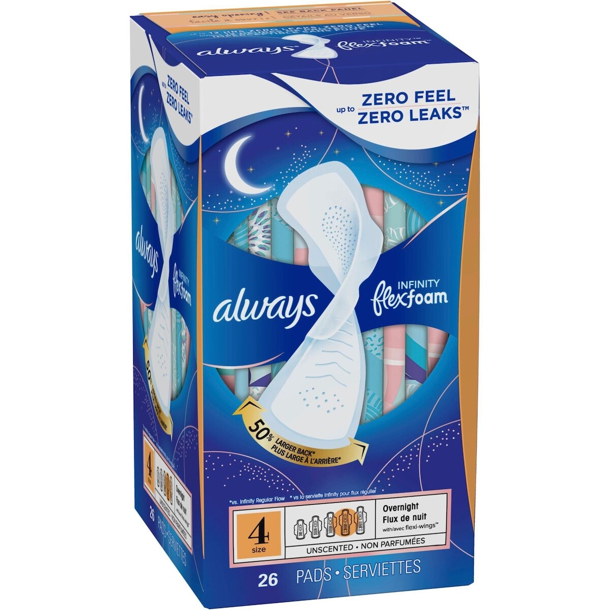 Serviettes Always Infinity FlexFoam, de nuit, taille 4, jusqu’à zéro sensation et zéro fuites pendant 12 heures, avec ailes, np, 26 u