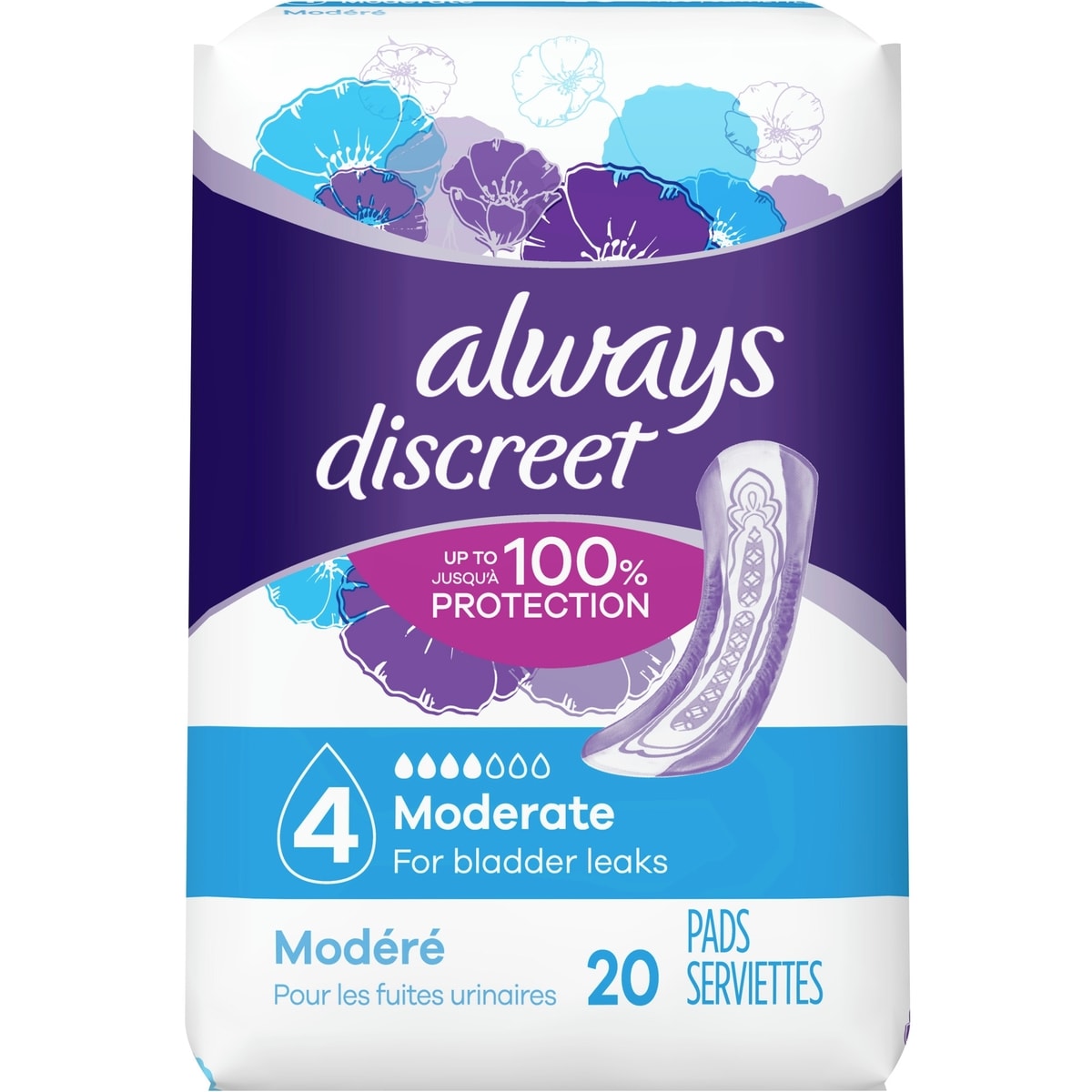 Serviettes d’incontinence et de post-partum, régulières, degré d’absorption modéré, pour femmes, 20 serviettes