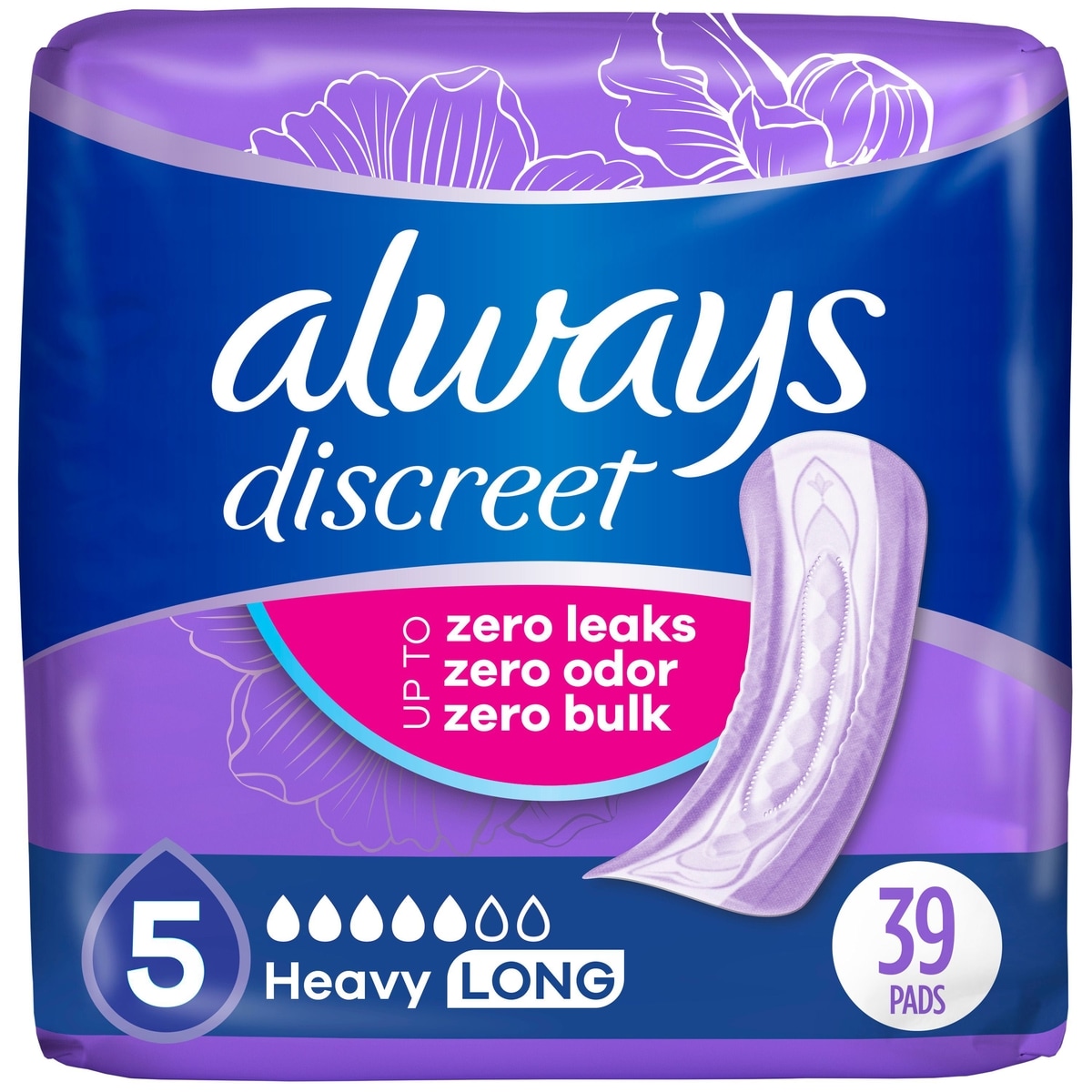 Discreet Heavy Long Incontinence Pads, 39 Count