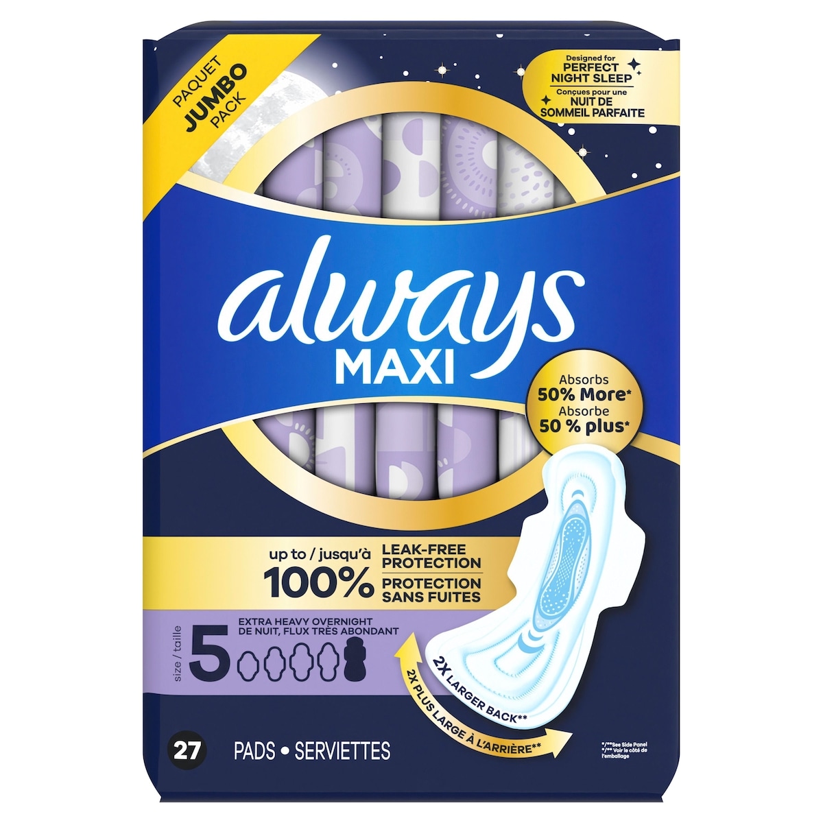 Always Maxi Pads Size 5 Overnight Absorbency Unscented with Wings, 27 Count