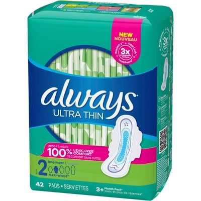 Ultra Thin Pads Size 2 Long Absorbency Unscented with Wings, 42 Count