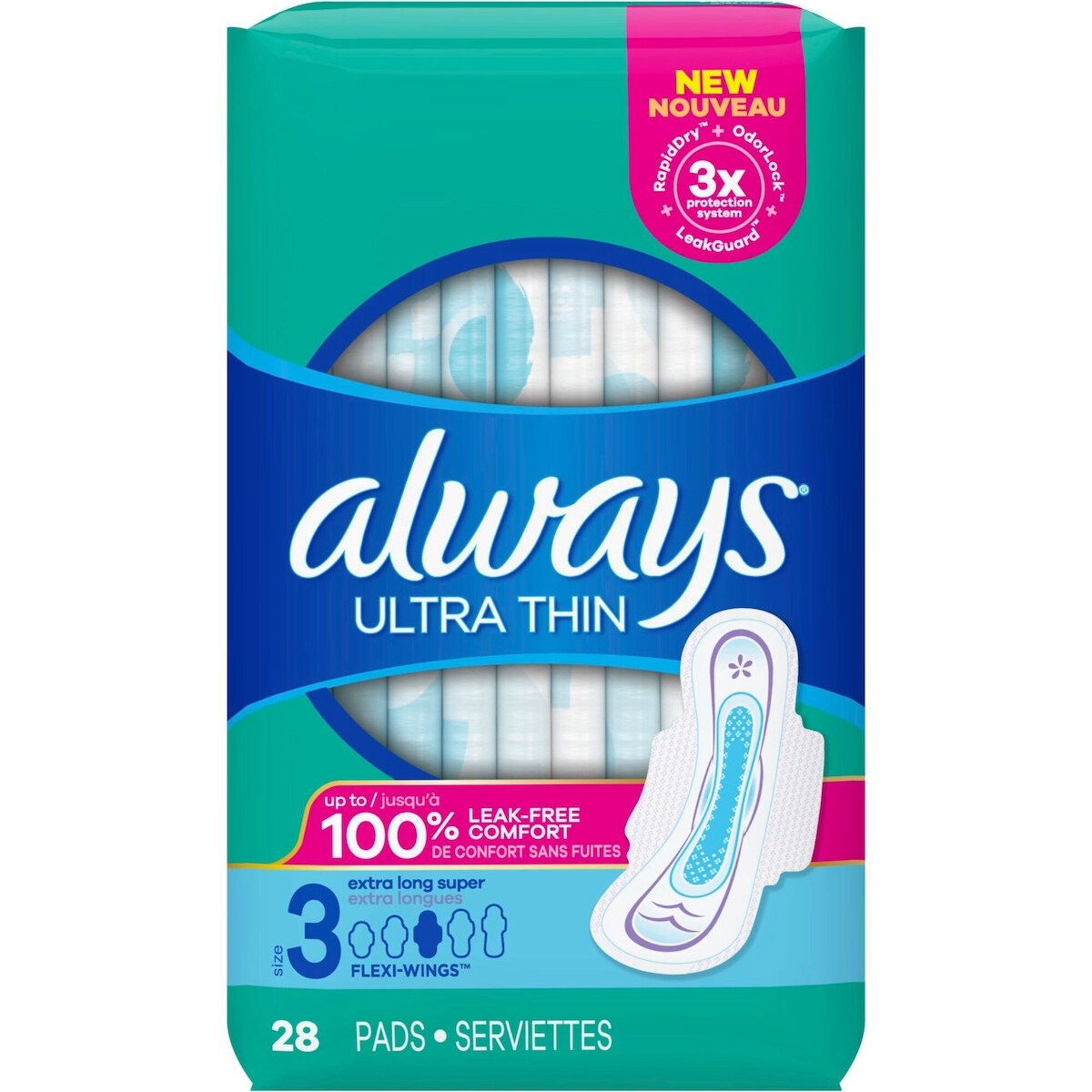 Serviettes Always Ultra Thin, extra longues Super avec ailes, taille 3, non parfumées