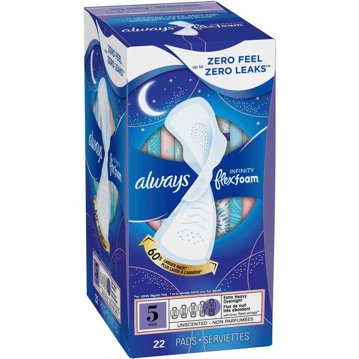 Always Infinity FlexFoam Pads for Women Size 5 Extra Heavy Overnight Absorbency, Up to 12 hours Zero Leaks, Zero Feel Protection, with Wings Unscented