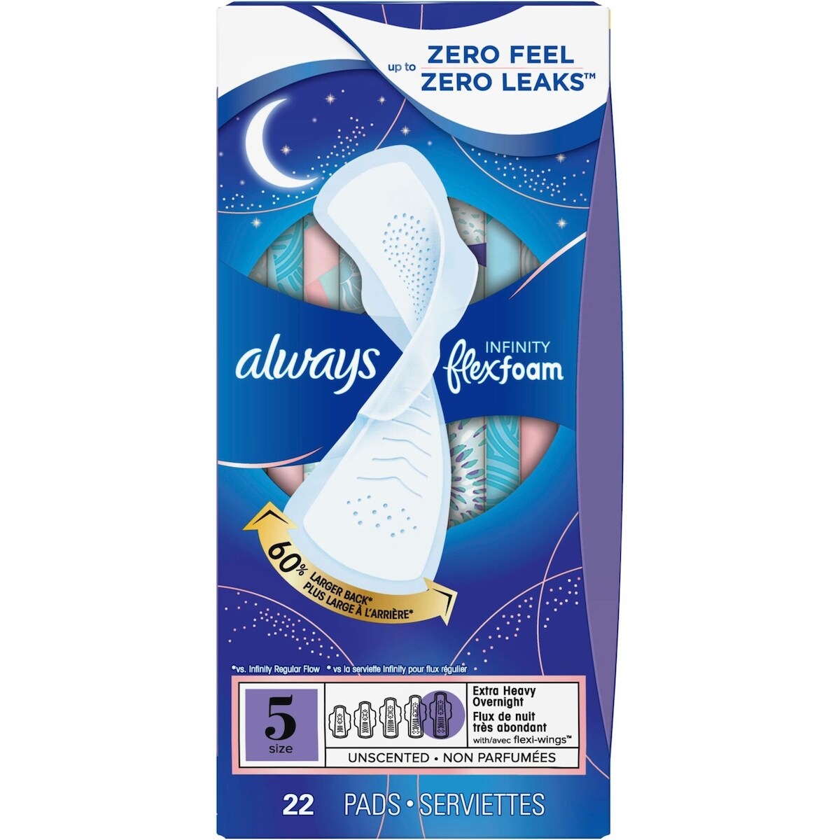 Always Infinity FlexFoam Pads for Women Size 5 Extra Heavy Overnight Absorbency, Up to 12 hours Zero Leaks, Zero Feel Protection, with Wings Unscented