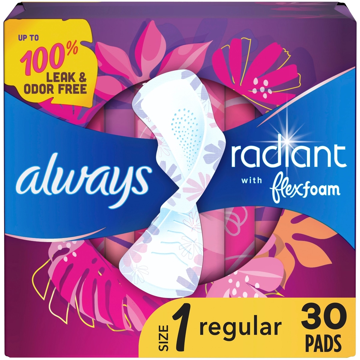 Always Radiant FlexFoam Pads for Women Size 1, Regular Absorbency, 100% Leak & Odor Free Protection is possible, with Wings, Scented, 30 Count