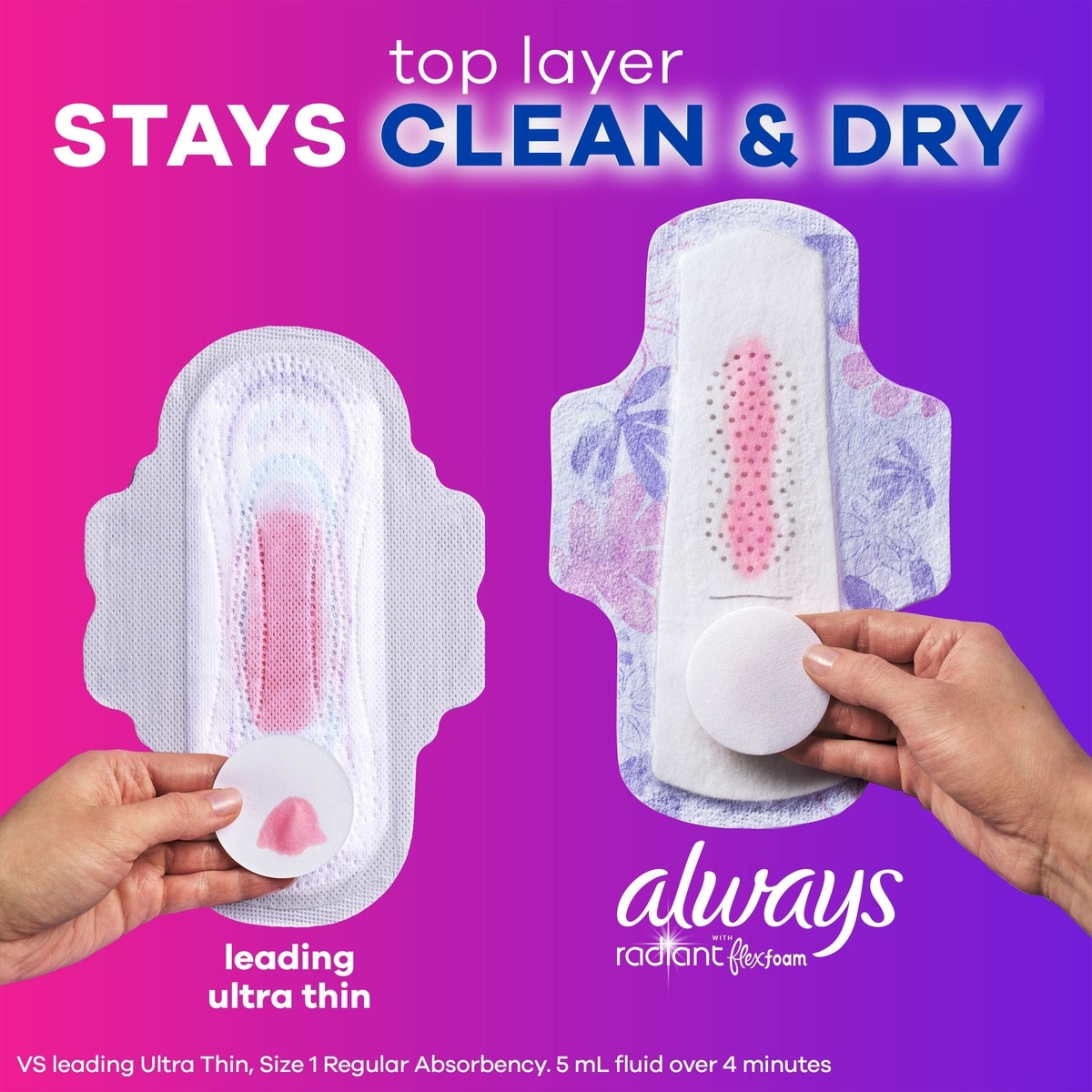 Radiant FlexFoam Pads for Women Size 1, Regular Absorbency, 100% Leak & Odor Free Protection is possible, with Wings, Scented, 30 Count