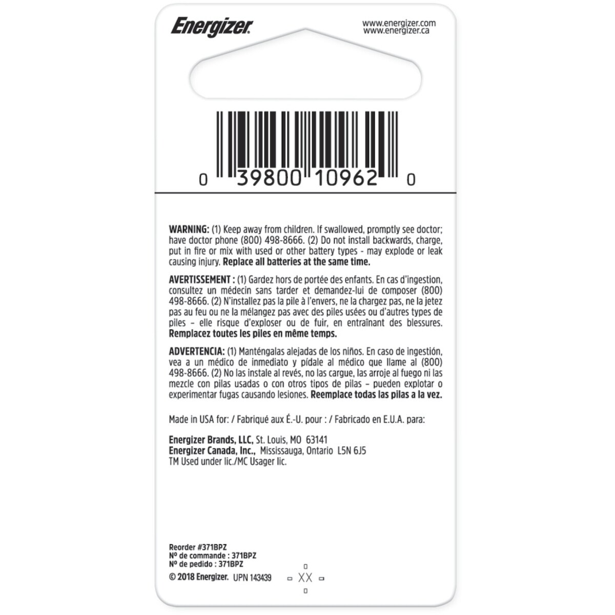 Pile miniature Energizer 371 l’oxyde d’argent