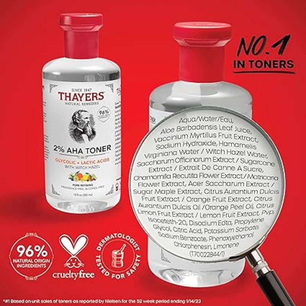 Tonique exfoliant 2% AHA avec acide glycolique, acide lactique et hamamélis, lissant et affinant les pores