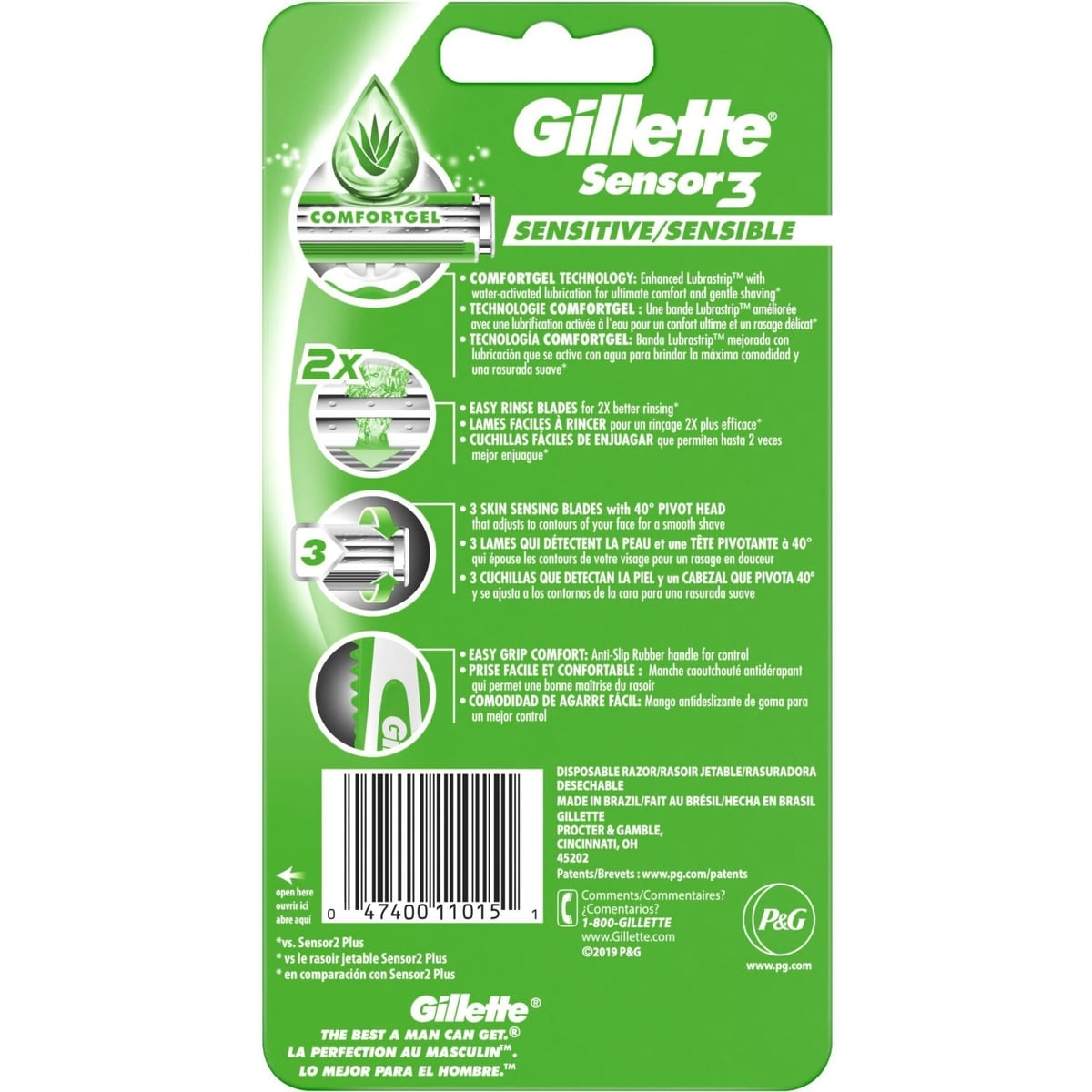 Rasoirs jetables pour hommes Gillette Sensor3 Sensible, paquet de 4