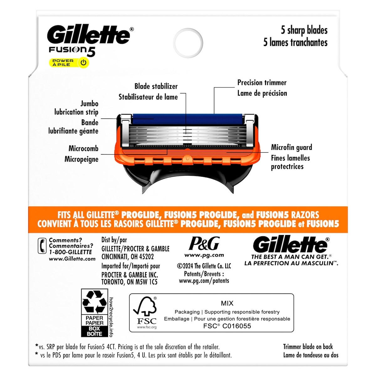 Cartouches de rechange de rasoir Gillette Fusion5 Power pour hommes, cartouches de rasoir, bande lubrifiante, lame de précision