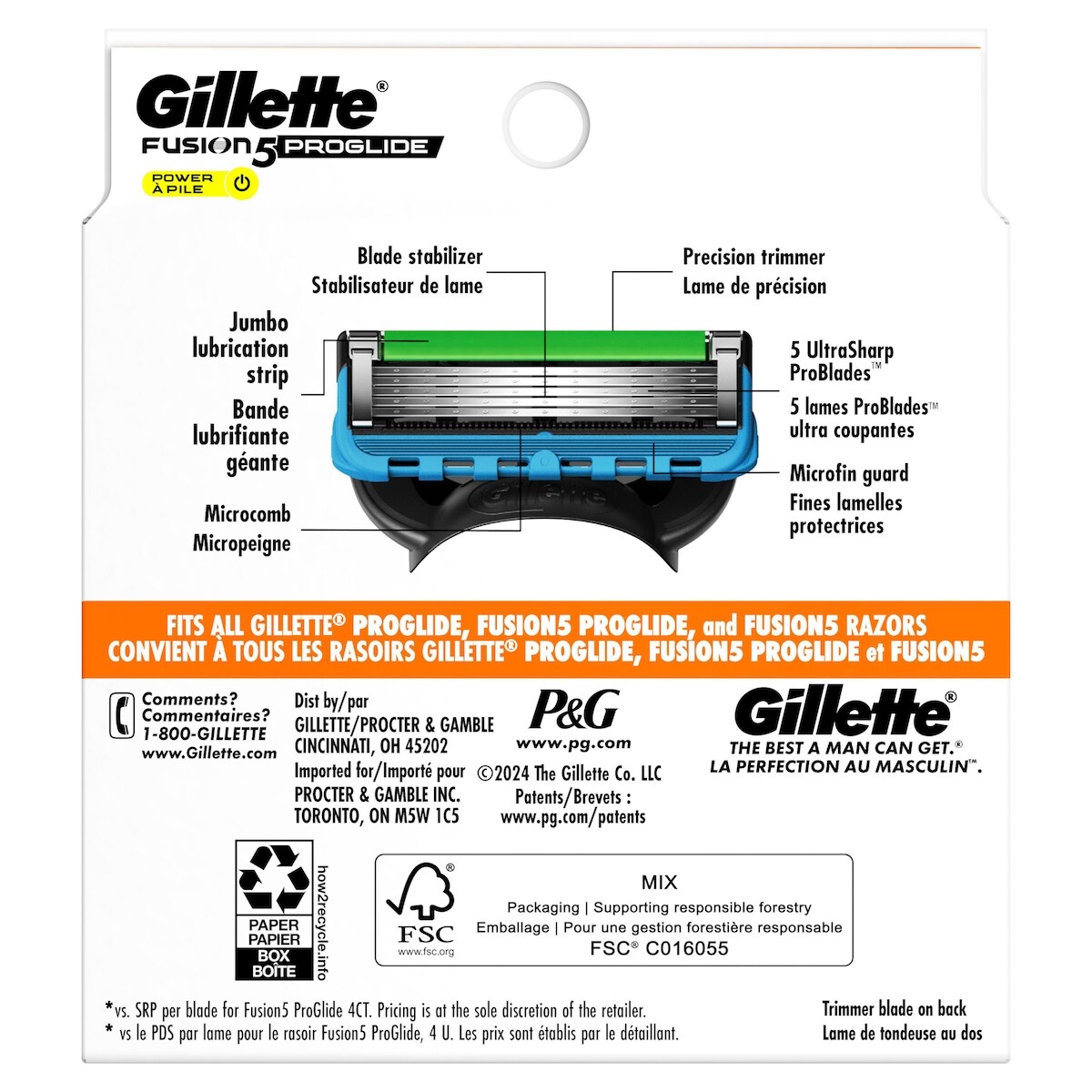 Cartouches de rechange de rasoir Gillette Fusion5 ProGlide Power pour hommes, cartouches de rasoir pour manche Flex-pivot, cartouches à 5 lames de rasoir
