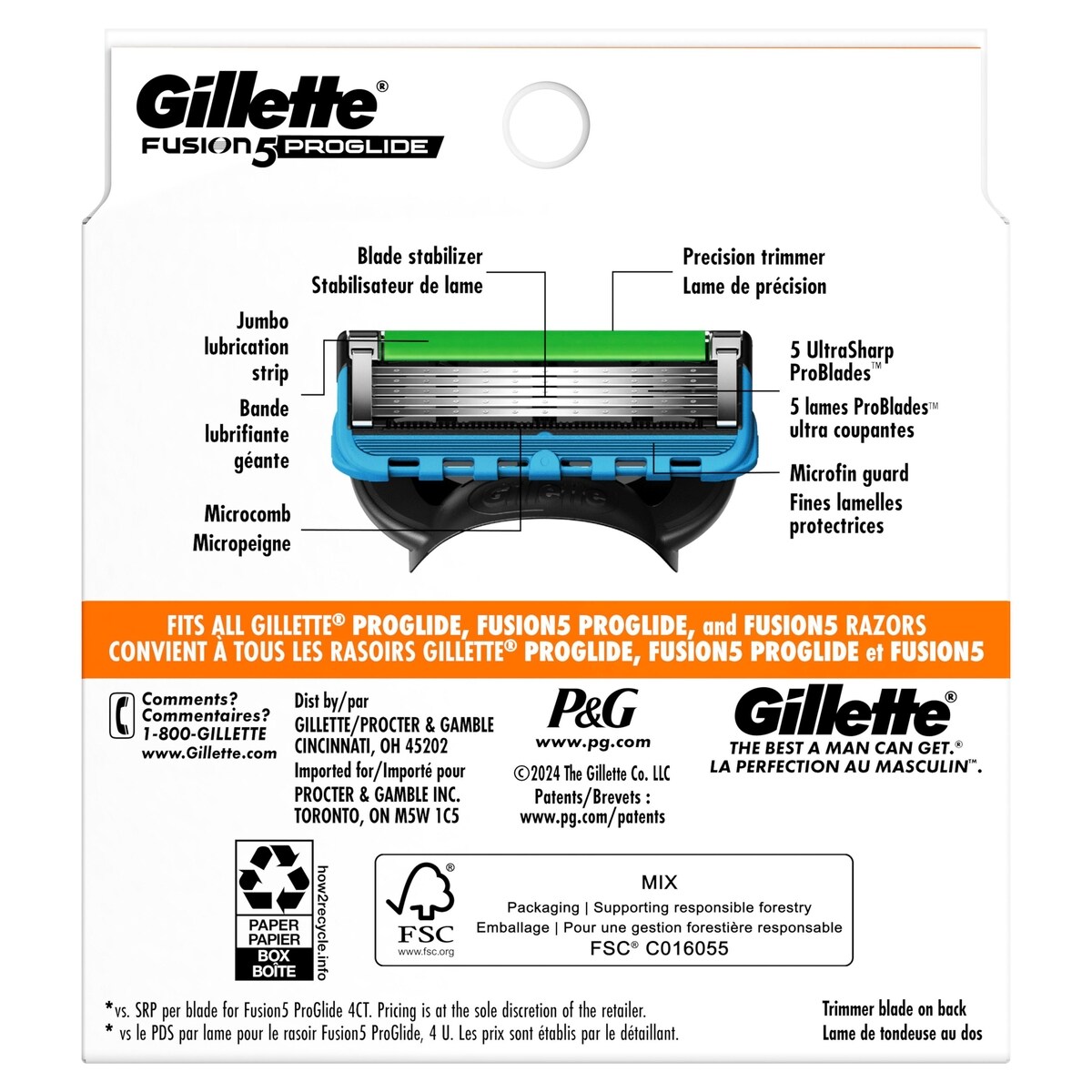 Cartouches de rechange de rasoir Gillette Fusion5 ProGlide pour hommes, cartouches de rasoir pour manche de rasoir Flex-pivot, cartouches à 5 lames de rasoir