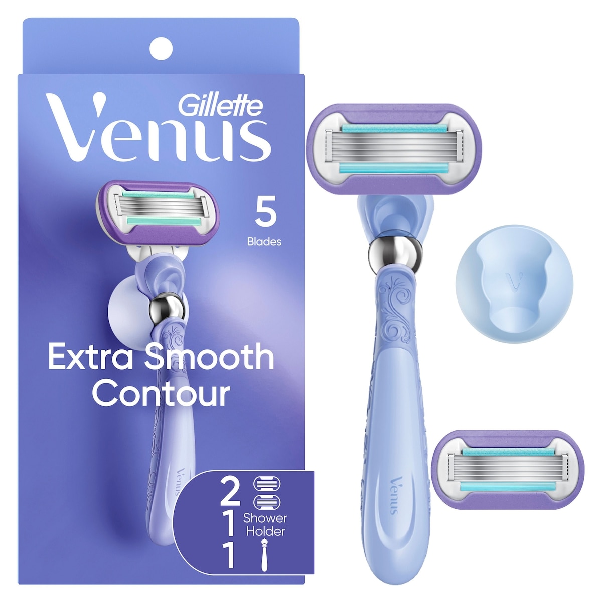 Rasoir Venus Extra doux Contour pour femmes avec manche de rasoir réutilisable, 2 cartouches de rechange et un support pour la douche