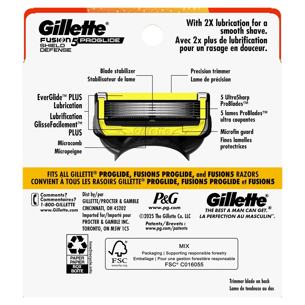 Cartouches de rechange de rasoir Gillette Fusion5ProGlide Défense pour hommes, cartouches de rechange de rasoir pour manche de rasoir Flex-pivot, 2x plus de lubrification