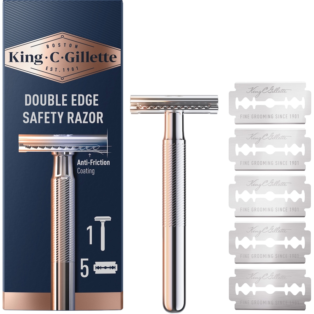 Manche de rasoir de sûreté à double tranchant King C. Gillette et 5 lames en acier inoxydable avec revêtement antifriction