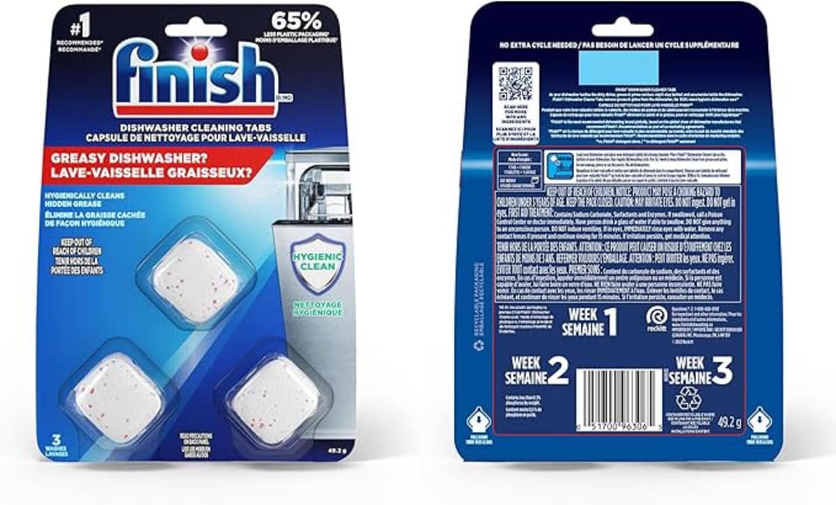 Nettoyant pour lave-vaisselle Finish, nettoyant In-wash, 3 unités, dégraissage, fonctionne avec la vaisselle 3 chefs d'accusation