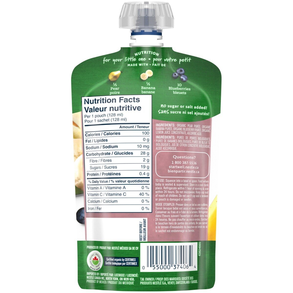 Purée Biologique Poire Banane Bleuet Aliment pour Bébé