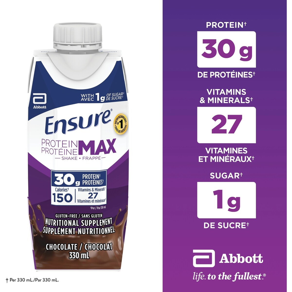 Protein Max 30 g Nutrition Shake Supplement, Chocolate Protein Drink with 30 g of High-Quality Protein, 1 g of Sugar, 330 mL (Pack of 4), 1320 mL