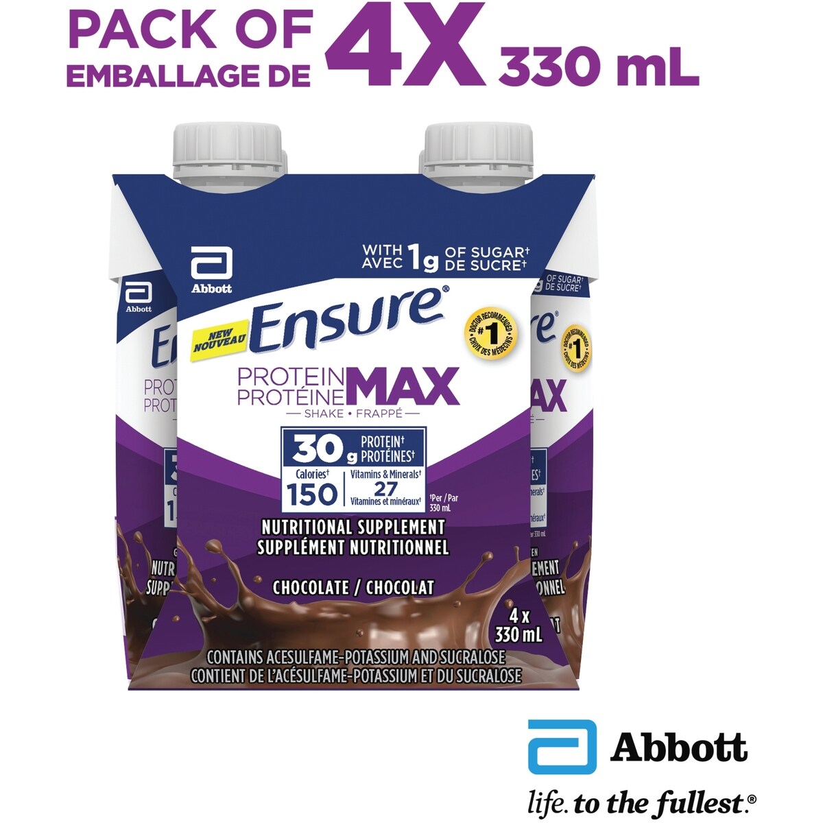 Protein Max 30 g Nutrition Shake Supplement, Chocolate Protein Drink with 30 g of High-Quality Protein, 1 g of Sugar, 330 mL (Pack of 4), 1320 mL