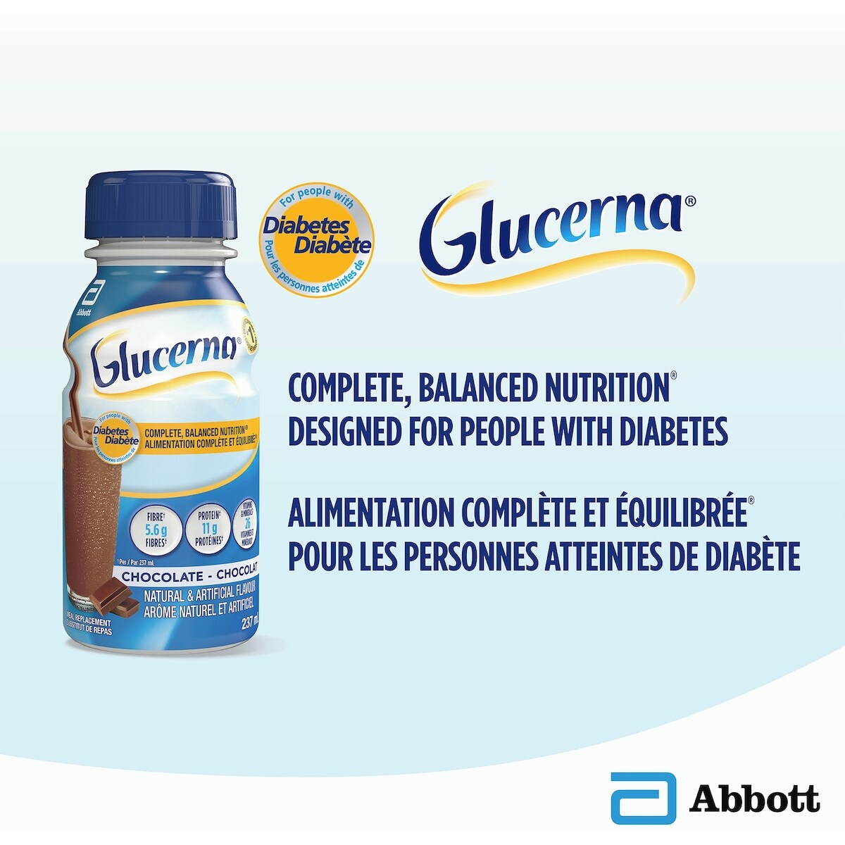 Boisson nutritive Glucerna®, substitut de repas, alimentation complète et équilibrée pour les personnes diabétiques, chocolat, 6 x 237 mL