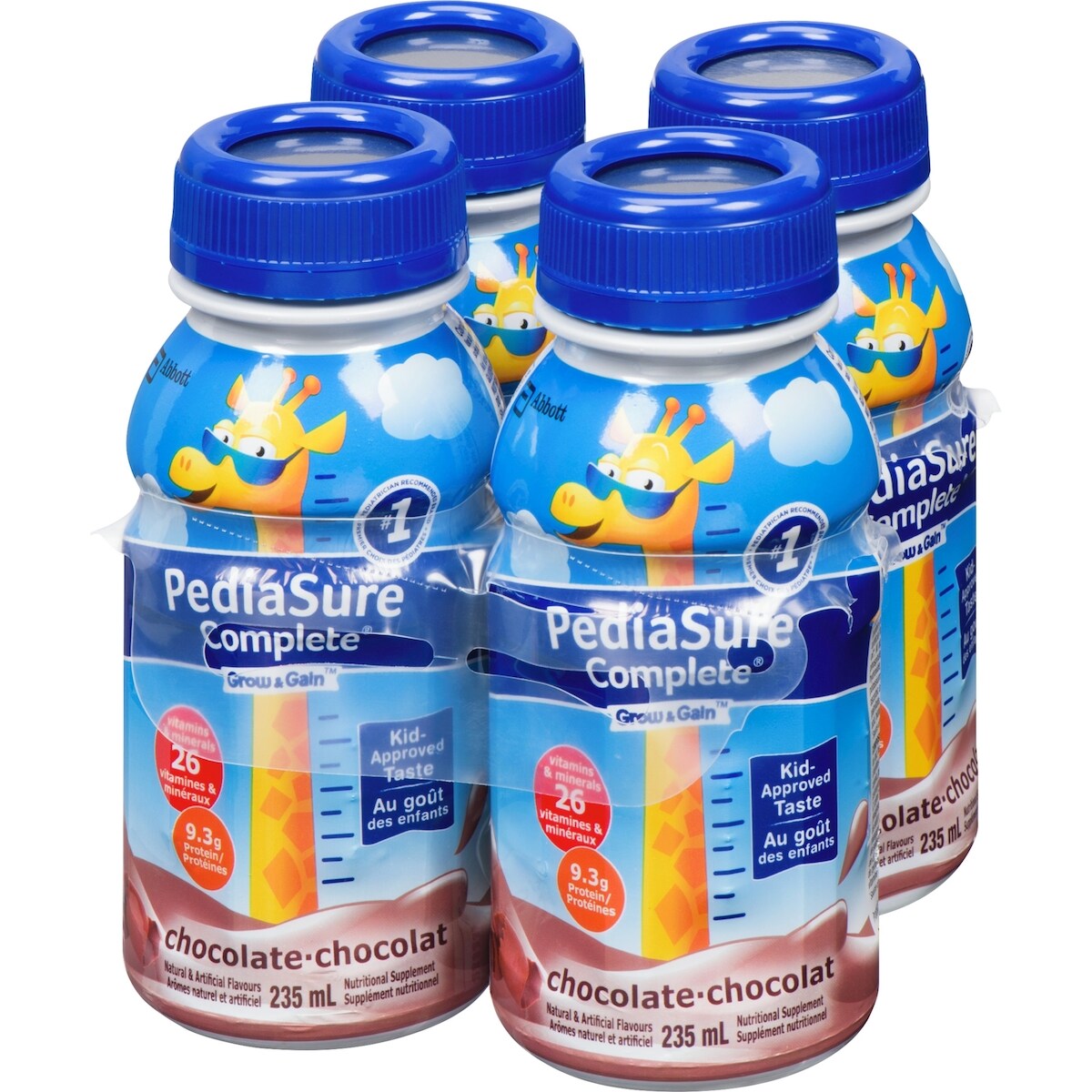 PediaSure Complete®, supplément nutritionnel, 4 x 235 mL, chocolat - boisson nutritive pour enfants, source d'ADH et de vitamines, favorise le gain de poids lorsqu’il est pris 2 fois par jour