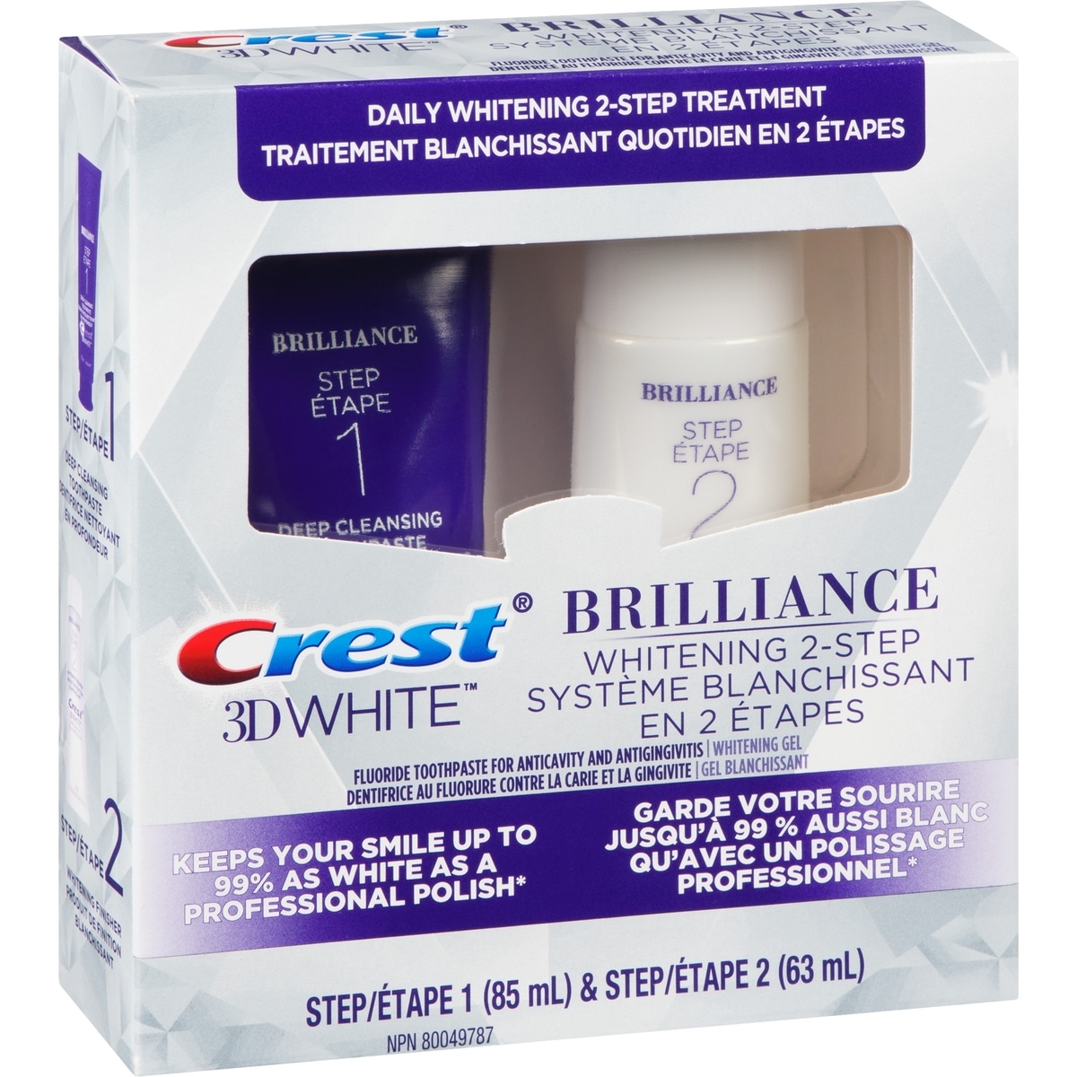 Dentifrice en deux étapes Crest 3D White Brillance + gel blanchissant, tubes de 85 et de 63 mL