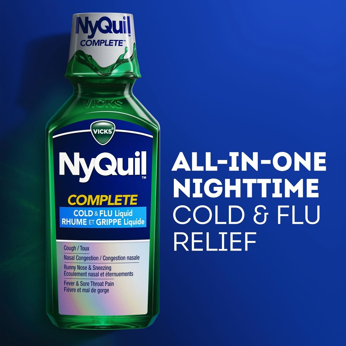 Vicks NyQuil COMPLETE : rhume, grippe, congestion, soulagement maximal nuit, toux, mal de gorge, fièvre, congestion et écoulement nasal, baies