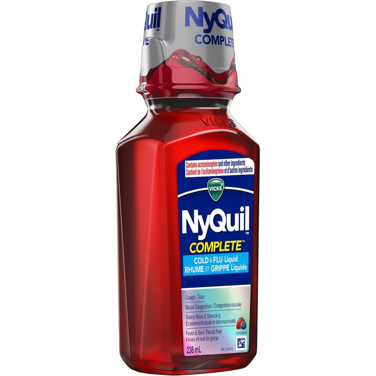 Vicks NyQuil COMPLETE : rhume, grippe, congestion, soulagement maximal nuit, toux, mal de gorge, fièvre, congestion et écoulement nasal, baies