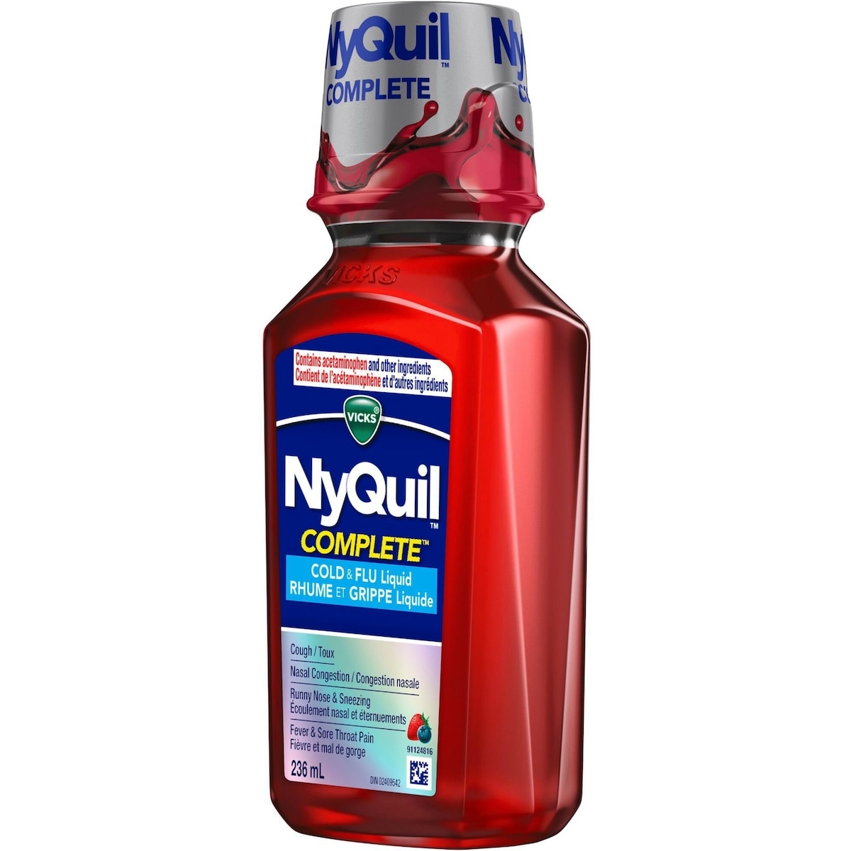Vicks NyQuil COMPLETE : rhume, grippe, congestion, soulagement maximal nuit, toux, mal de gorge, fièvre, congestion et écoulement nasal, baies
