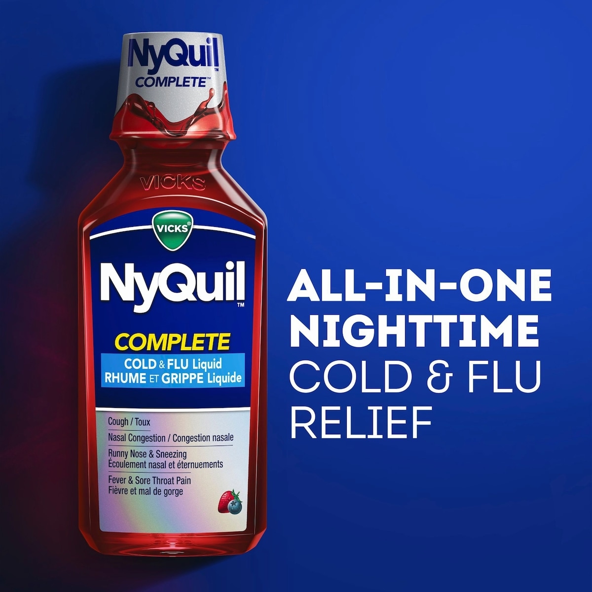 Vicks COMPLETE : rhume, grippe, congestion, soulagement maximal nuit, toux, mal de gorge, fièvre, congestion et écoulement nasal, baies, 354 mL