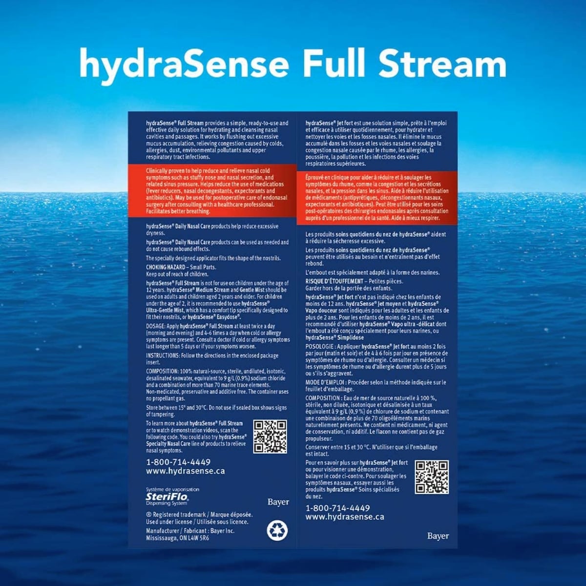 Vaporisateur nasal hydraSense Jet fort, Soins quotidiens du nez, soulagement rapide de la congestion nasale, eau de mer de source naturelle à 100 %, sans agent de conservation