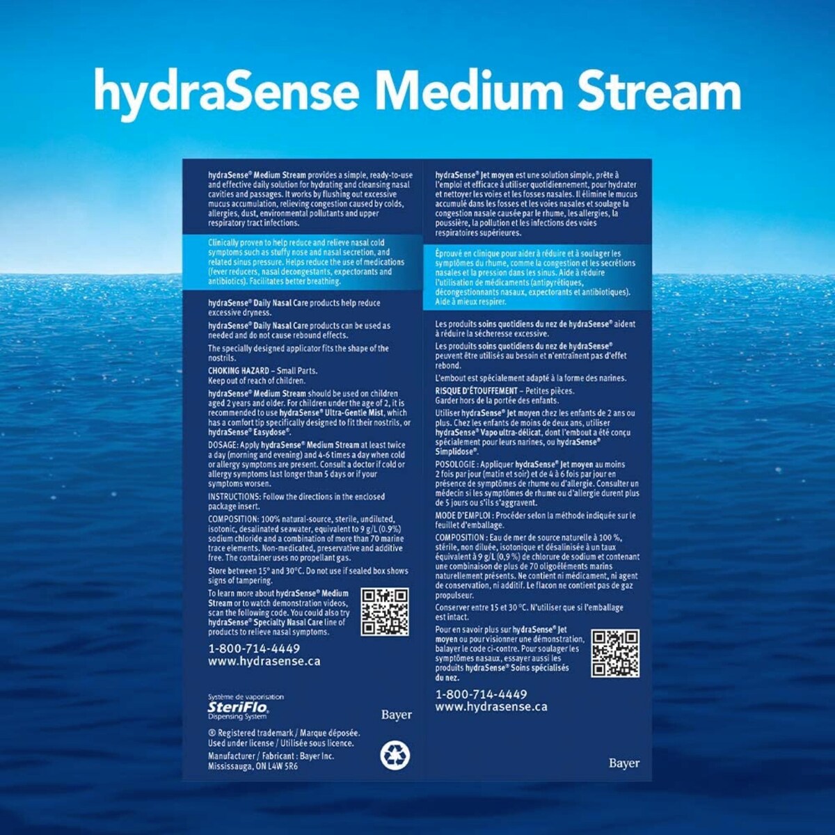 Vaporisateur nasal hydraSense Jet moyen, Soins quotidiens du nez, soulagement rapide de la congestion nasale, eau de mer de source naturelle à 100 %, sans agent de conservation