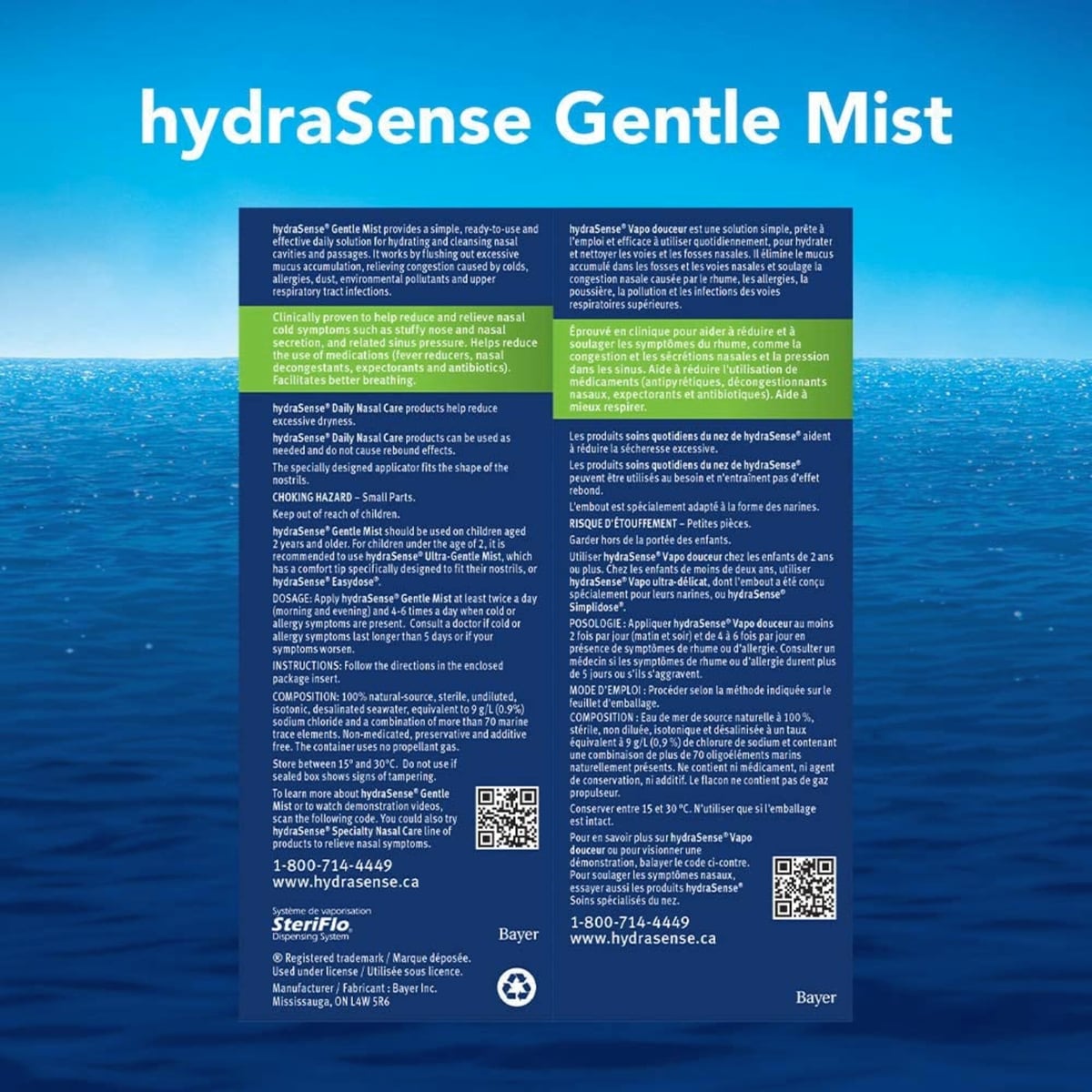 Vaporisateur nasal hydraSense Vapo douceur, Soins quotidiens du nez, soulagement rapide de la congestion nasale, eau de mer de source naturelle à 100 %, sans agent de conservation