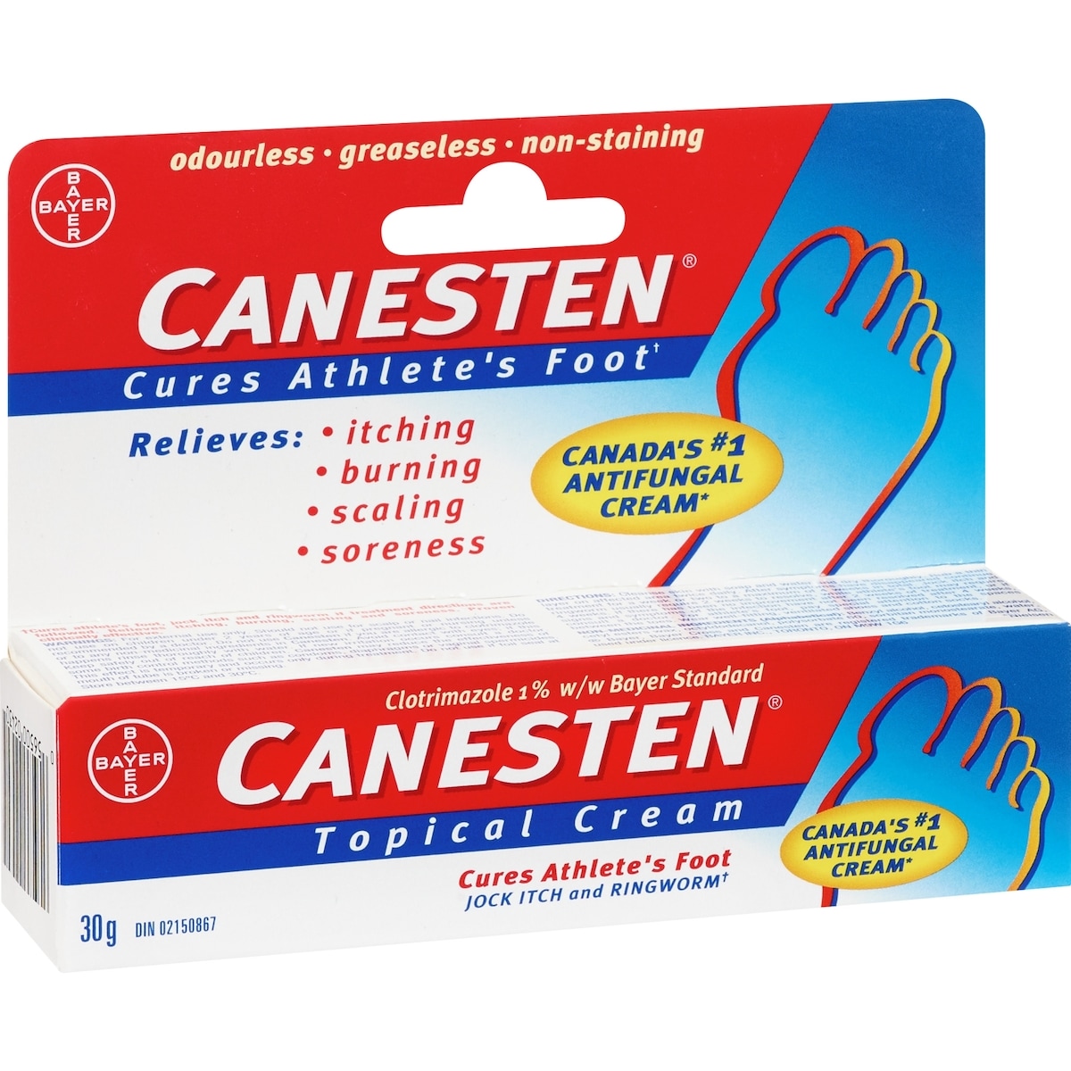 Crème topique antifongique Canesten à 1 %, soulage les démangeaisons, les brûlures, les squames et la douleur, 15 g
