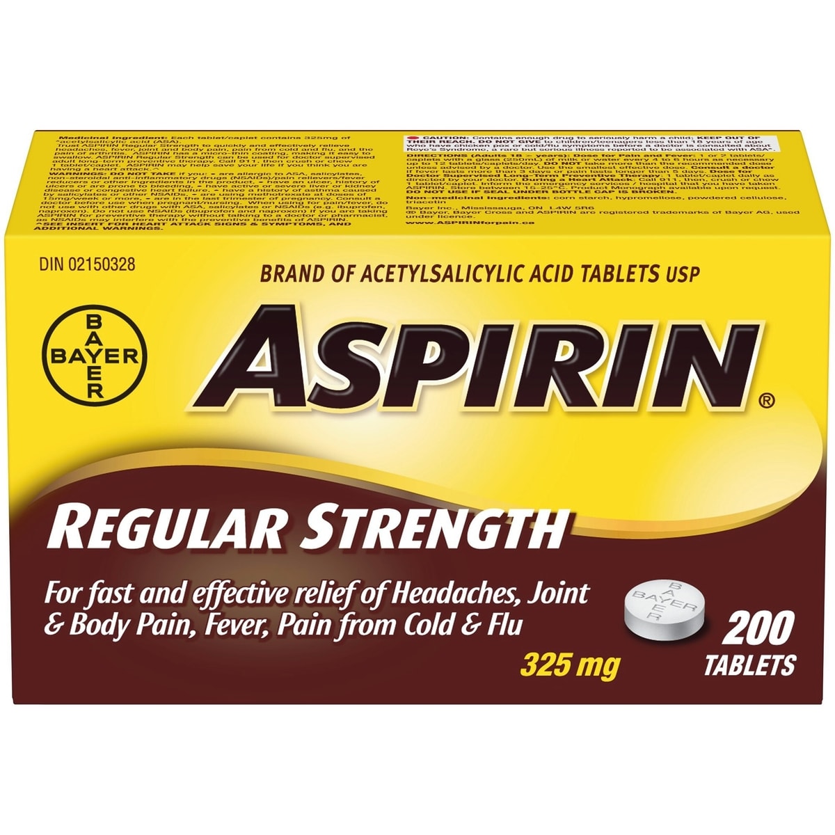 ASPIRIN Concentration régulière à 325 mg, soulagement rapide et efficace des maux de tête, des douleurs articulaires et musculaires, de la fièvre et de la douleur associée au rhume et à la grippe