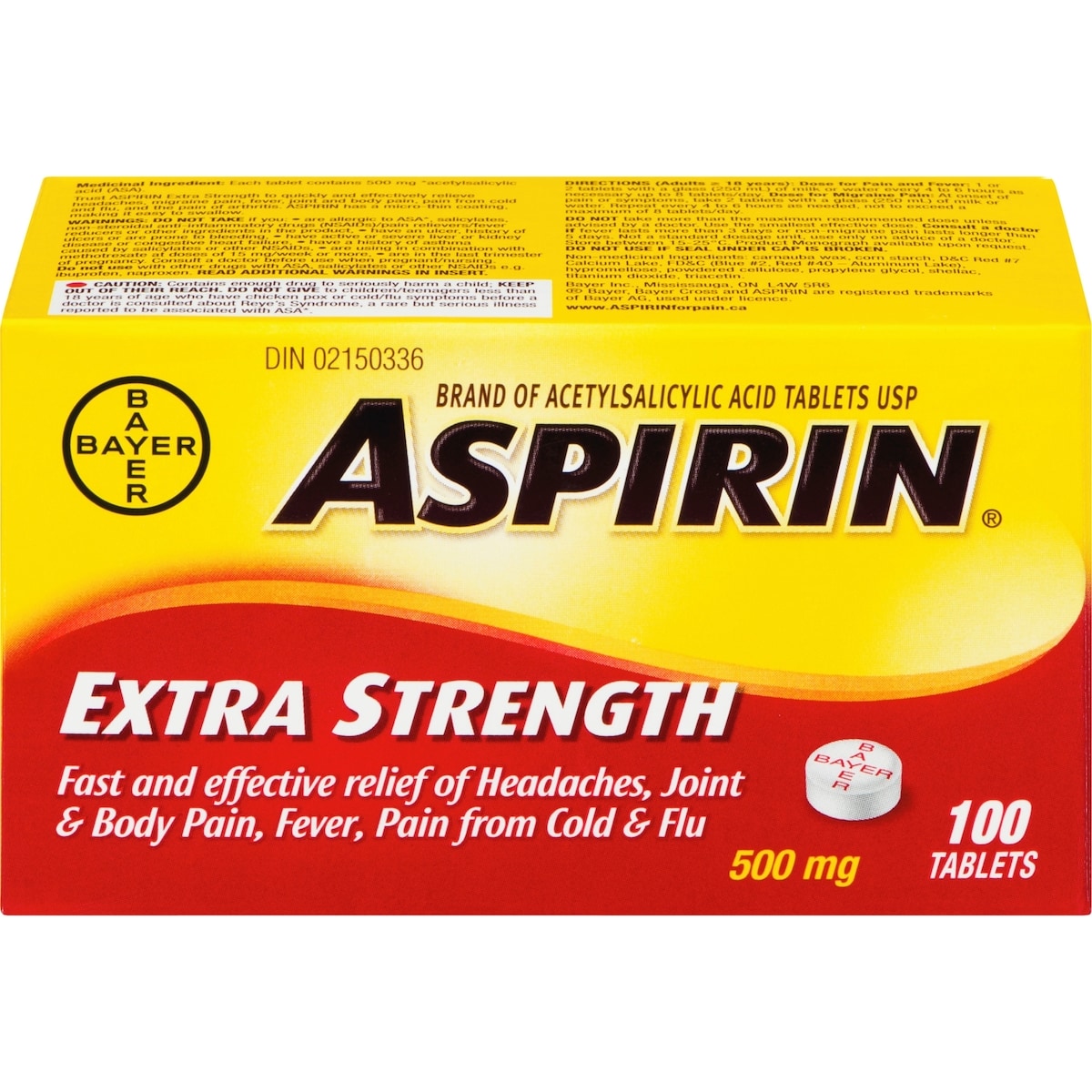 ASPIRIN Extra-fort à 500 mg, soulagement rapide et efficace des maux de tête, des douleurs articulaires et musculaires, de la fièvre et de la douleur associée au rhume et à la grippe