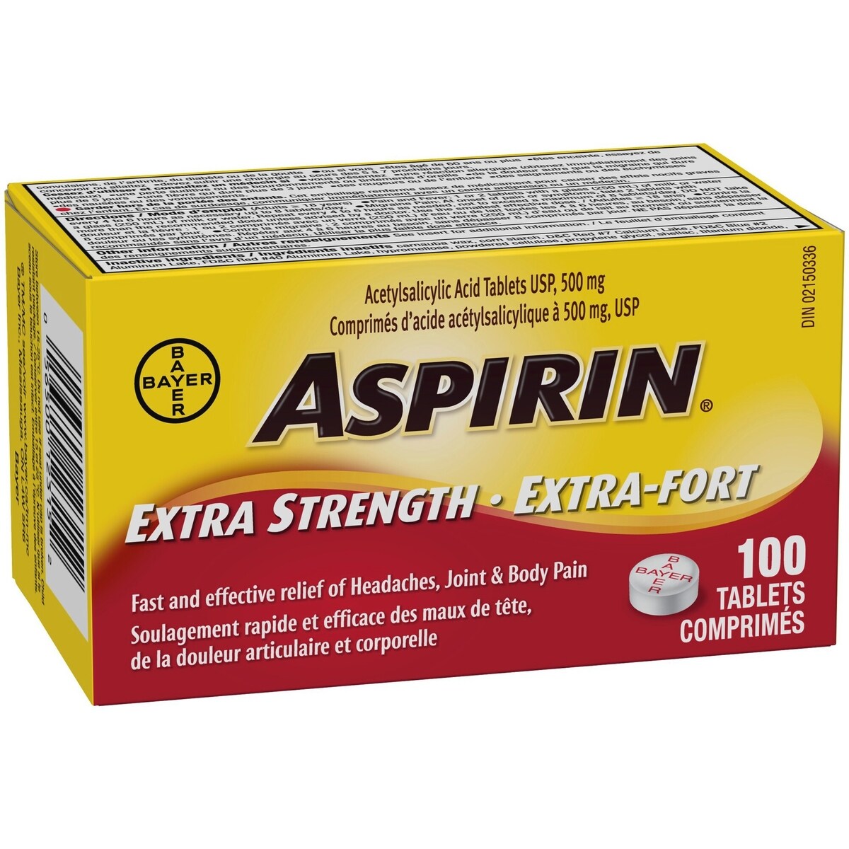 ASPIRIN Extra-fort à 500 mg, soulagement rapide et efficace des maux de tête, des douleurs articulaires et musculaires, de la fièvre et de la douleur associée au rhume et à la grippe
