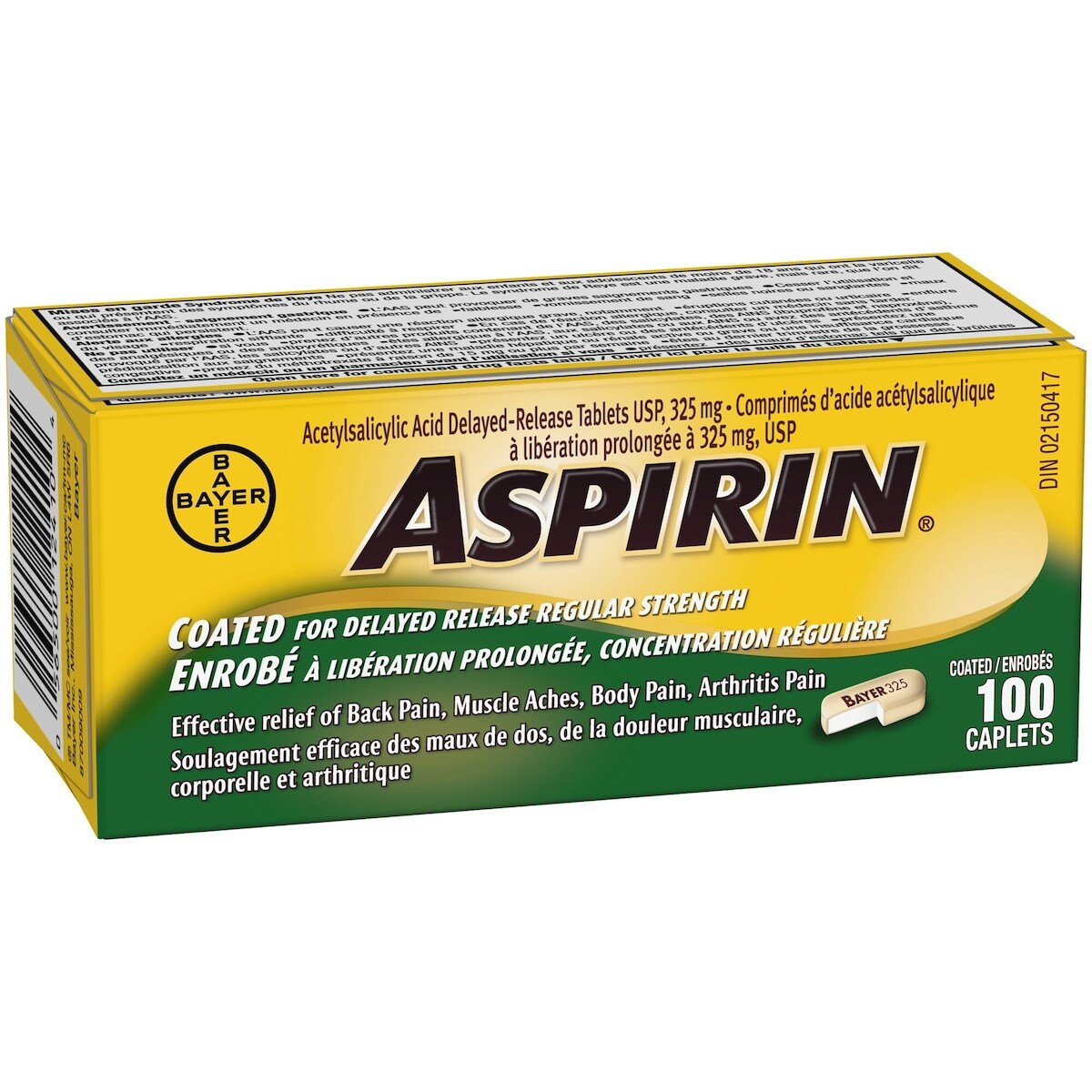 Comprimés enrobés ASPIRIN à 325 mg, soulagement efficace des maux de dos et des douleurs musculaires et arthritiques, faciles à avaler, 100 comprimés