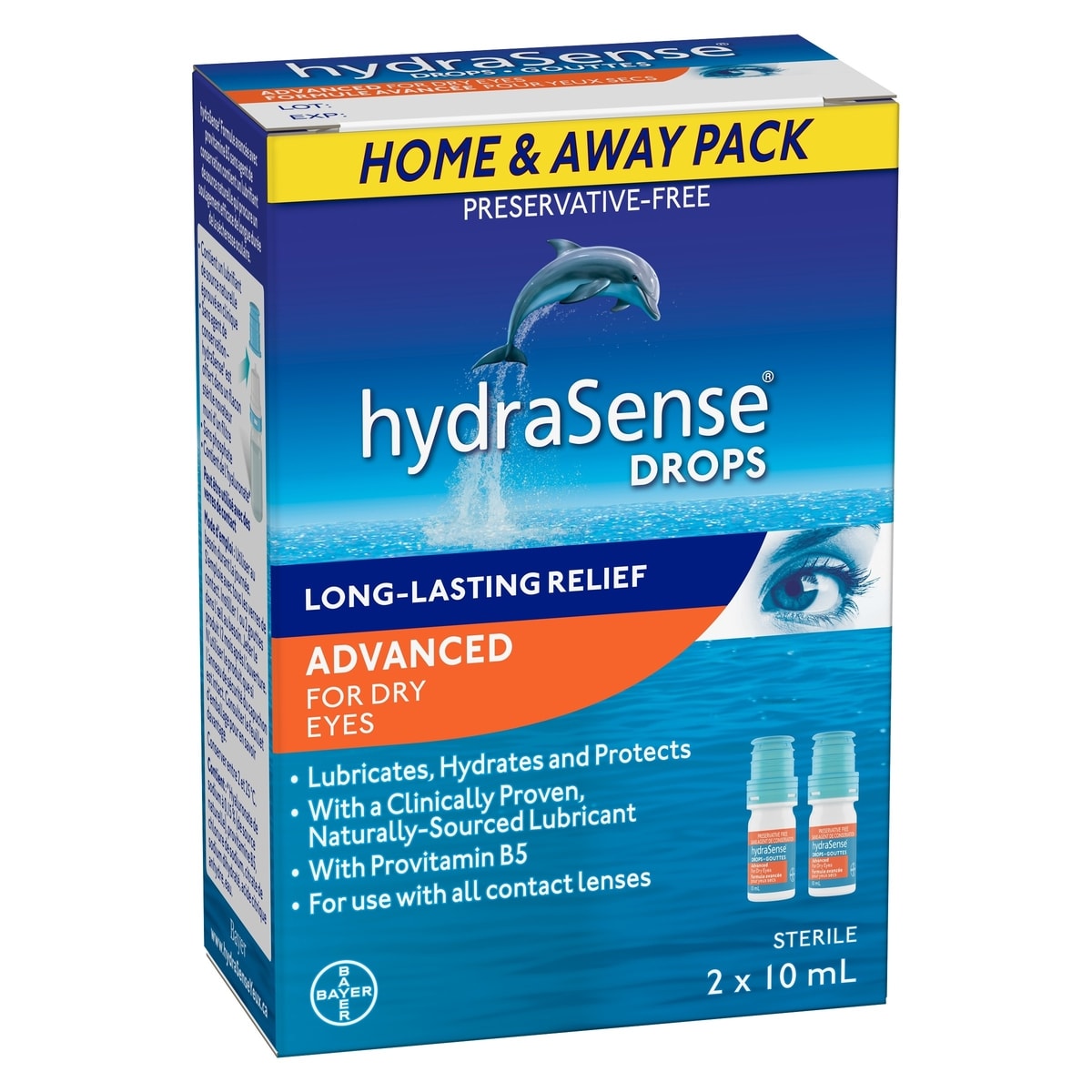 Gouttes oculaires hydraSense Soins de jour et de nuit, pour yeux secs, sans agent de conservation, lubrifiant de source naturelle, emballage double (2 × 10 mL), 20 mL