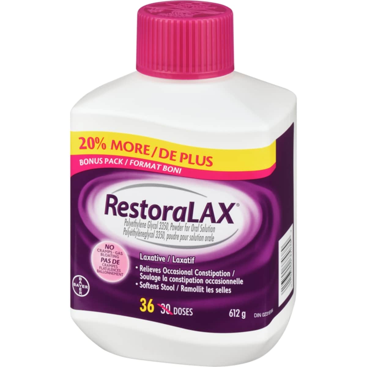 Poudre laxative RestoraLAX, soulagement efficace, sans goût ni grumeau, pas de ballonnement, pas de flatulence, pas de crampes, format boni de 30+6 doses, 36 doses