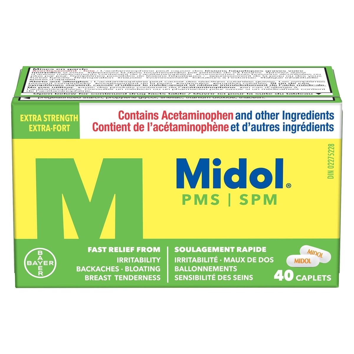 Midol SPM sans caféine offrant un soulagement rapide des symptômes prémenstruels, tels que l’irritabilité, les ballonnements, les crampes, la sensibilité des seins, les maux de dos, les maux de tête et les douleurs musculaires, 40 caplets