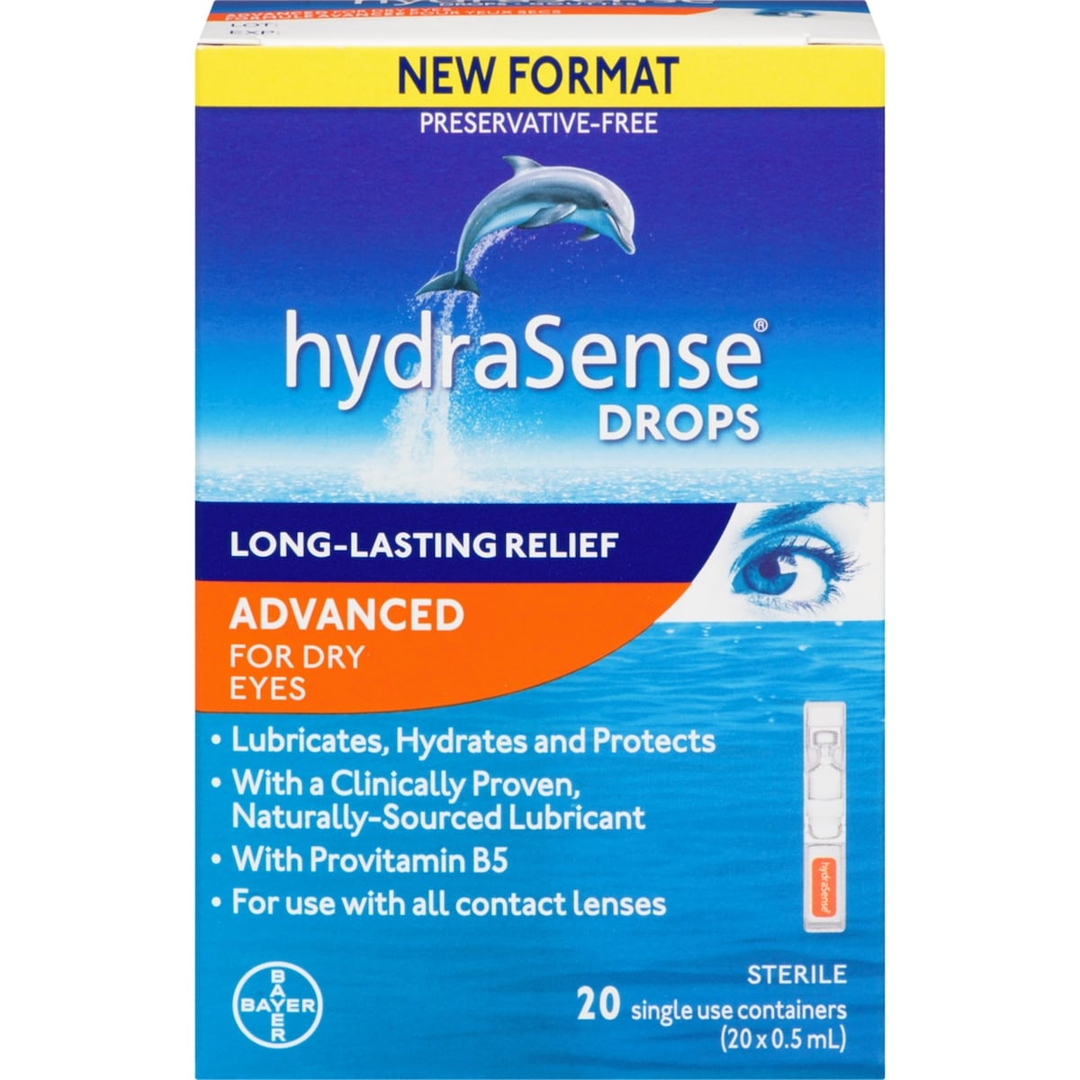 Gouttes oculaires hydraSense Formule avancée en fioles à usage unique, sans agent de conservation, avec provitamine B5, 20 fioles