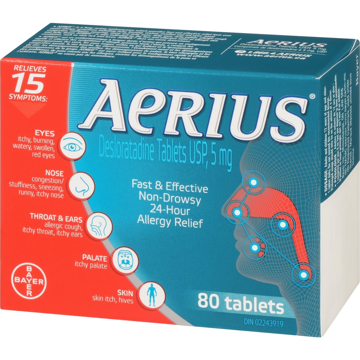 AERIUS Allergies, soulagement rapide et sans somnolence durant 24 heures, 15 symptômes